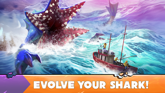 Hungry Shark Evolution Google Play screenshot with giant shark and fishing boat