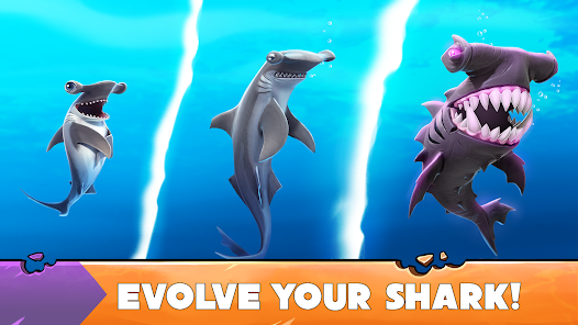Hungry Shark Evolution Google Play screenshot with evolved sharks